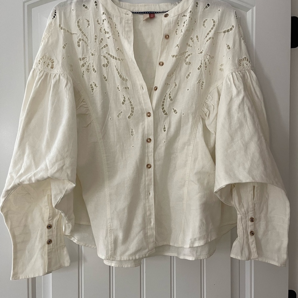 Pilcro Cream Button-Up Blouse with Cut-Out Design